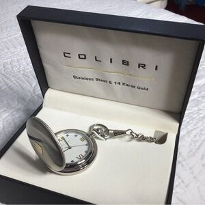 COLIBRI STAINLESS STEEL & 14 KARAT GOLD POCKET WATCH WITH ITS CHAIN NEW